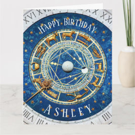 Zodiac Old World Birthday Sun Signs Blue + Name Karte