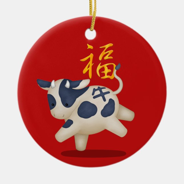 Zodiac Ox "Fortune" Chinesisch Neues Jahr kundensp Keramik Ornament (Vorne)