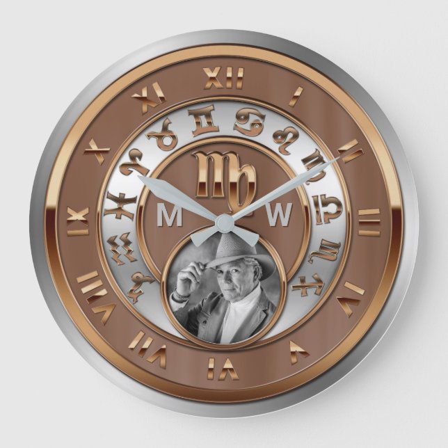 Zodiac Photo Bronze Silver Birthday Monogram Virgo Große Wanduhr (Vorderseite)