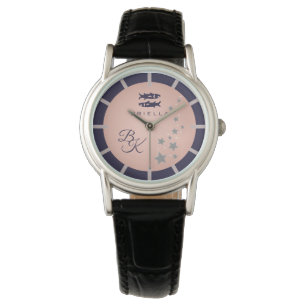 Zodiac Pisces Elegant Rosé Dark Blue Mit Monogramm Armbanduhr
