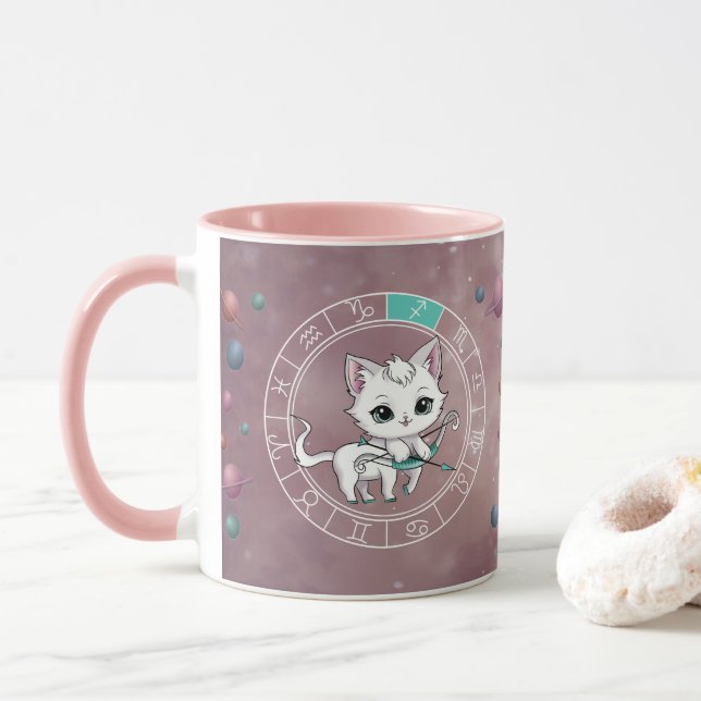 Zodiac Sagittarius Niedlich Cat Wheel Planet Astro Tasse (Mit Donut)