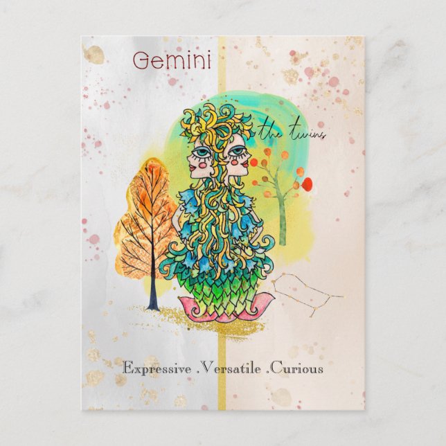 Zodiac Sign Gemini Whimsical Twins Green Yellow Postkarte (Vorderseite)