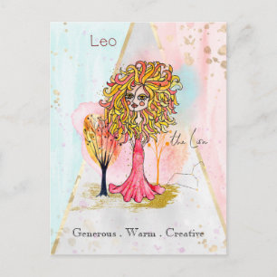 Zodiac Sign Leo The Lion Whimsical Girl Red Yellow Postkarte