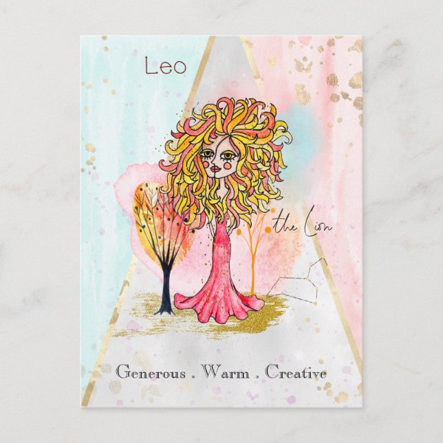 Zodiac Sign Leo The Lion Whimsical Girl Red Yellow Postkarte (Vorderseite)