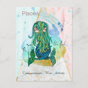 Zodiac Sign Pisces Whimsical Girl Symbolic Fisch Postkarte