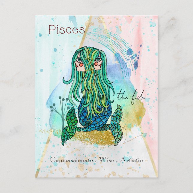 Zodiac Sign Pisces Whimsical Girl Symbolic Fisch Postkarte (Vorderseite)