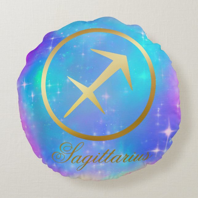 Zodiac Sign Sagittarius Goldener Hintergrund | Rundes Kissen (Rückseite)