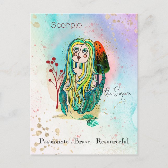 Zodiac Sign Scorpio The Scorpion Girl Green Postkarte (Vorderseite)