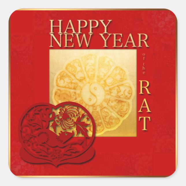 Zodiac signiert Yin Yang Chinese Rat Year 2020 Squ Quadratischer Aufkleber (Vorderseite)