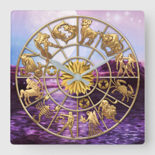 Zodiac Signs Three-Member Family Gold Stars Custom Quadratische Wanduhr