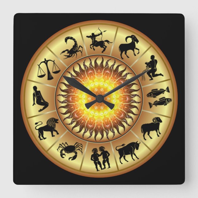 Zodiac Signs ~ Toasted Sun Center ~ Quadratische Wanduhr (Vorderseite)
