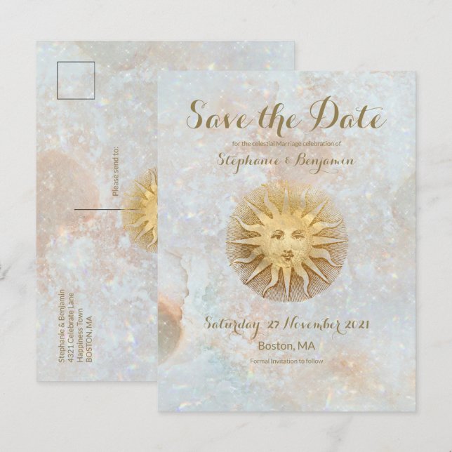 Zodiac Sun Ice Blue Celestial Gold Save the Date Ankündigungspostkarte (Vorne/Hinten)
