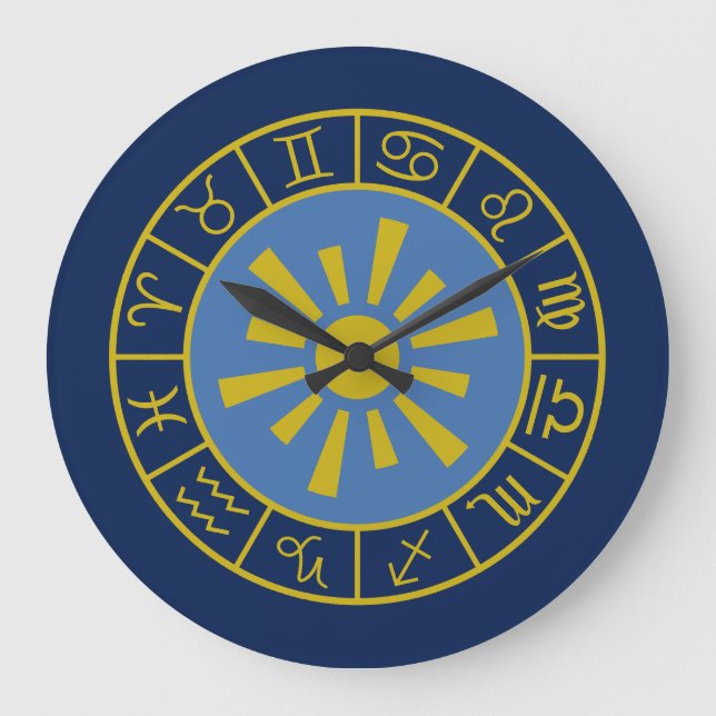 Zodiac Sun Wheel+Astrologische Symbole Gold+Blues Große Wanduhr (Vorderseite)