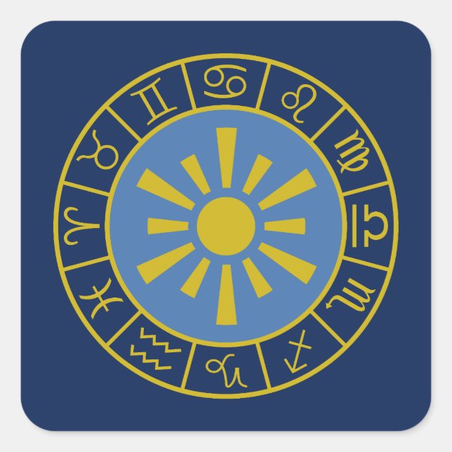 Zodiac Sun Wheel+Astrologische Symbole Gold+Blues Quadratischer Aufkleber (Vorderseite)