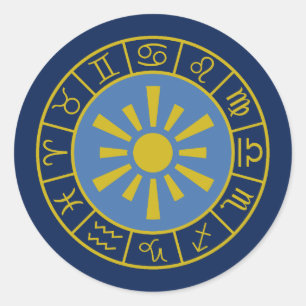 Zodiac Sun Wheel+Astrologische Symbole Gold+Blues Runder Aufkleber