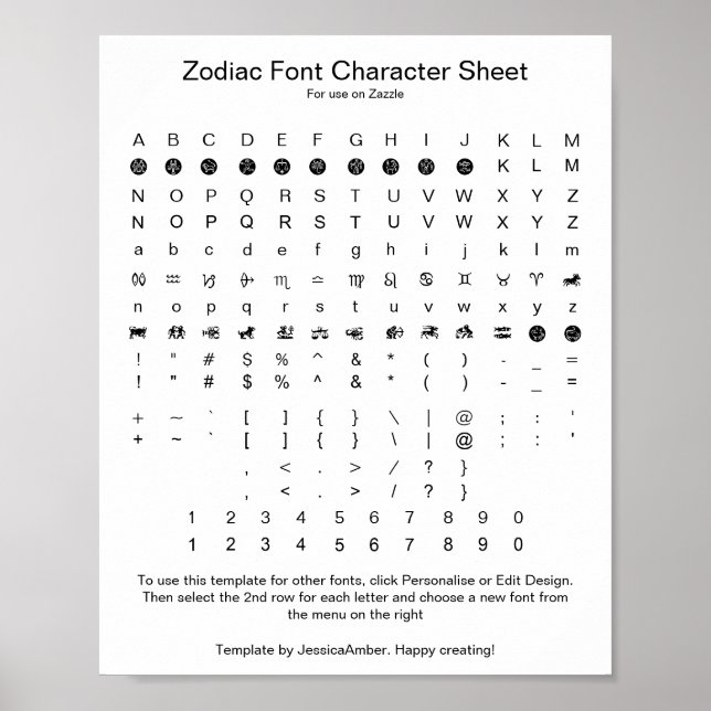 Zodiac Symbol Font Chararacter Reference Poster (Vorne)