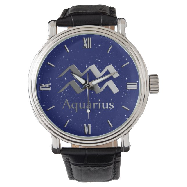 Zodiac-Symbol für Aquarius auf Deep Midnight Blue Armbanduhr (Vorderseite)