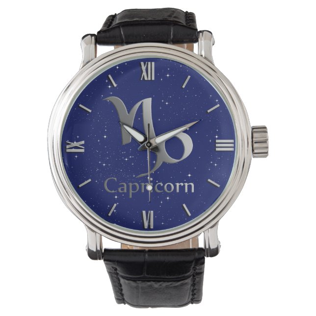 Zodiac-Symbol für Capricorn auf Deep Midnight Blue Armbanduhr (Vorderseite)
