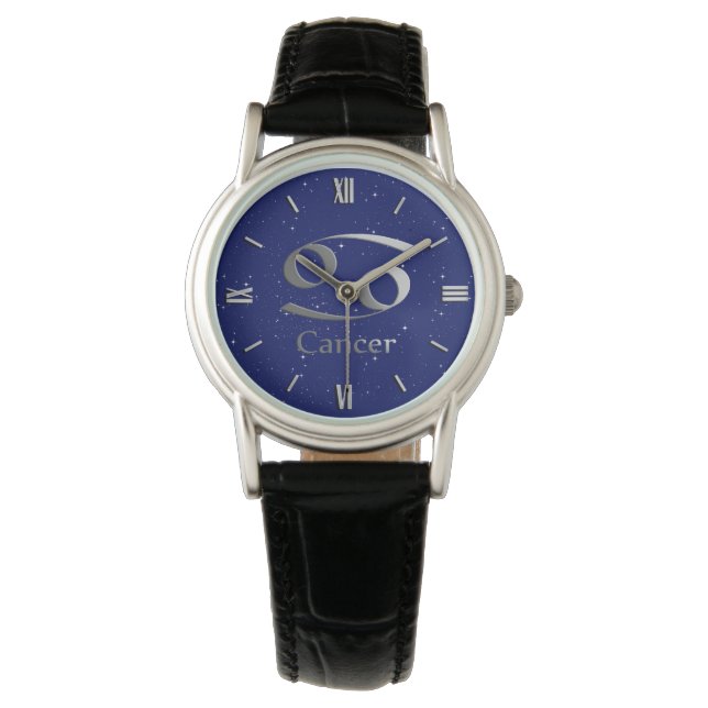 Zodiac-Symbol für Krebs in Deep Midnight Blue Armbanduhr (Vorderseite)