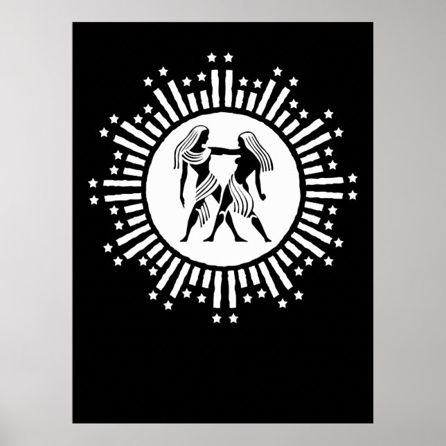Zodiac-Symbol mit schwarzen Sternen und Weiß Poster (Vorne)
