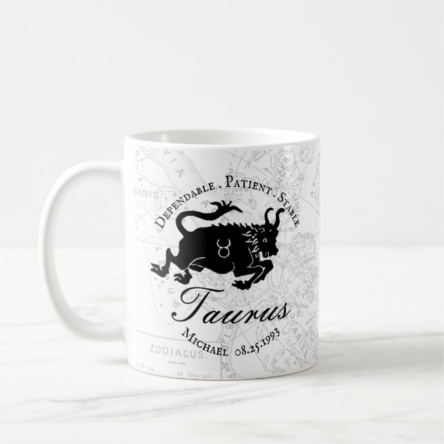 Zodiac Taurus Schwarz-weiße Astrologie Eigenschaft Kaffeetasse (Links)