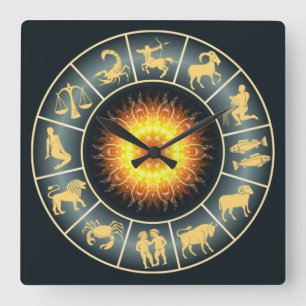 Zodiac ~ Toasted Sun ~ Western Astrology ~ Quadratische Wanduhr