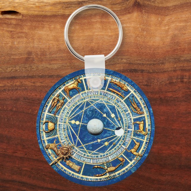 Zodiac Wheel Astrologie Celestial Blue Antique Gol Schlüsselanhänger (Vorderseite)