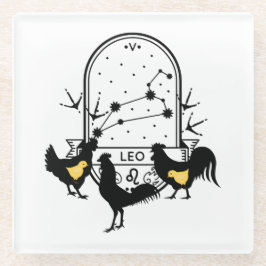 Zodiac-Zeichen und Matching-Haustiere. Leo - Huhn. Glasuntersetzer