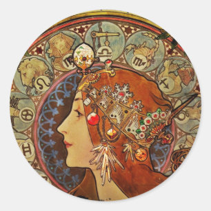 Zodiak-Frau von Mucha Runder Aufkleber