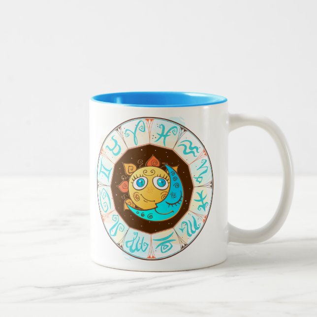 Zodiakische Symbole mit Sun Moon Doodles Zweifarbige Tasse (Rechts)