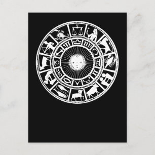 Zodiakrad mit Sonne und Astrologiesymbolen Feiertagspostkarte