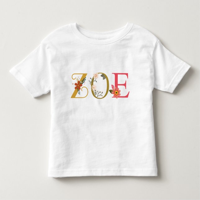 ZOE Name Kunst mit Blume bestickt Kleinkind T-shirt (Vorderseite)