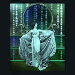 Zohara: Art-Deco-Frau in Aqua & Green Poster<br><div class="desc">Zohara in Opernmantel und Mantel. Ihr Mantel ist seidengesäumte Brokade,  ihr Kleid ist Seide,  reich bestickt mit metallischen Fäden. Sie steht vor einem Hintergrund farbenfroher leuchtender Seide mit funkelnden Sternen und Regenbogenglas in einem metallischen Rahmen.</div>