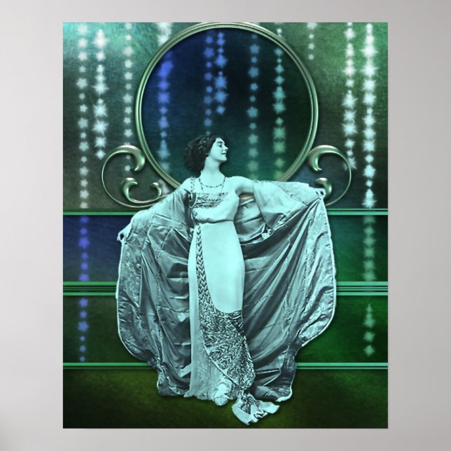 Zohara: Art-Deco-Frau in Aqua & Green Poster (Vorne)