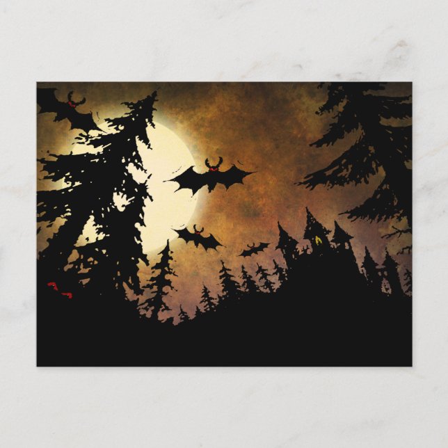 Zoll Halloween Fledermäuse, Schloss und Mond Postkarte (Vorderseite)