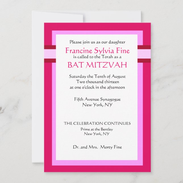 Zoll Rosa Bat Mitzvah Einladungen (Vorderseite)