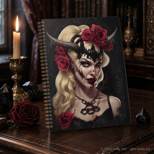 Zombie Babe 06 Planer (Zombie babe gothic planner in a candlelit setting with roses and crystals.)