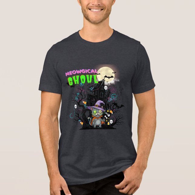 Zombie Cat "Meowgical Ghoul" Halloween Graphic Tri-Blend Shirt (Vorderseite)