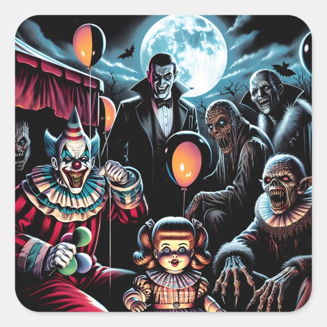 Zombie, Clown, Vamp und Spuk PuppenHalloween Quadratischer Aufkleber (Vorderseite)