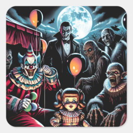 Zombie, Clown, Vamp und Spuk PuppenHalloween Quadratischer Aufkleber