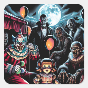 Zombie, Clown, Vamp und Spuk PuppenHalloween Quadratischer Aufkleber