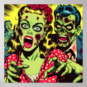 Zombie Couple Retro Comic Poster