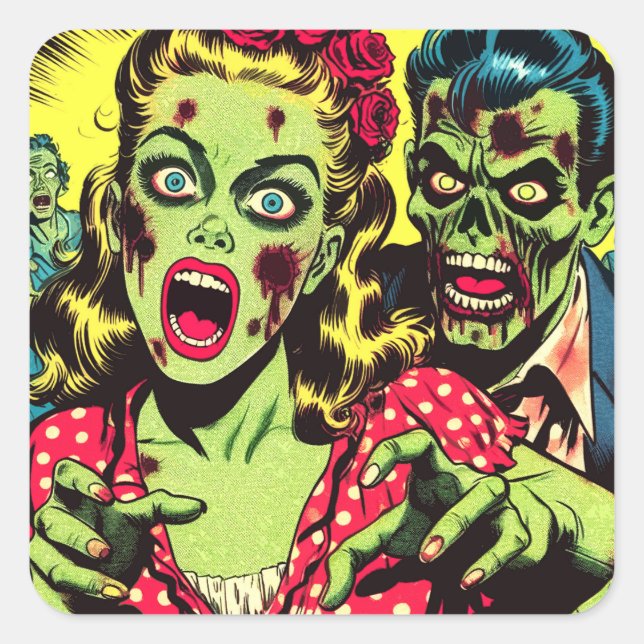 Zombie Couple Retro Comic Quadratischer Aufkleber (Vorderseite)
