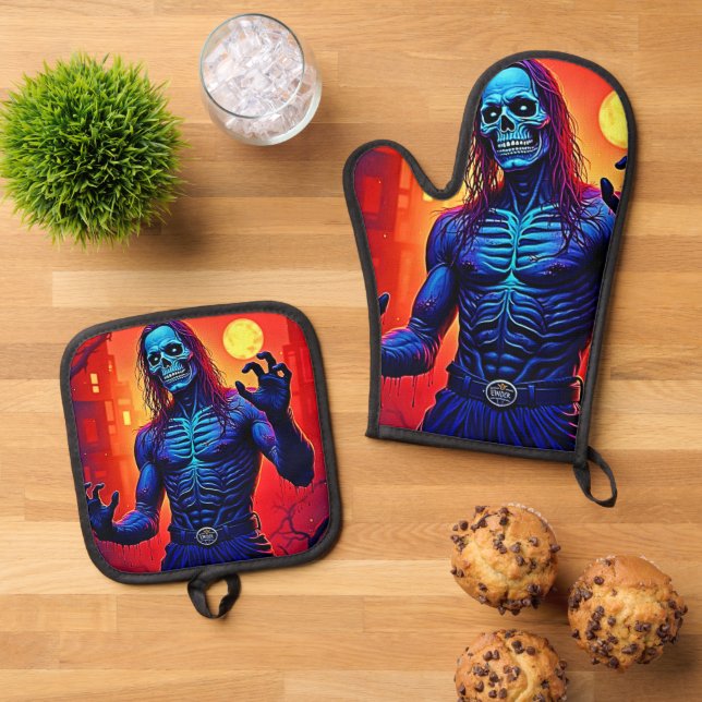 Zombie-Dämon in Stadtdesign Ofenhandschuh & Topflappen-Set (Oben Unten)
