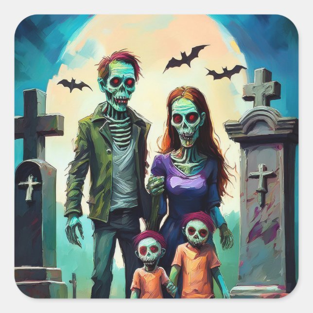 Zombie Family Portrait in Graveyard Quadratischer Aufkleber (Vorderseite)