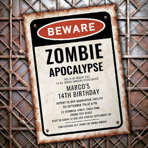 Zombie-Geburtstagsfeier mit ACHTUNG-Rostschild Einladung