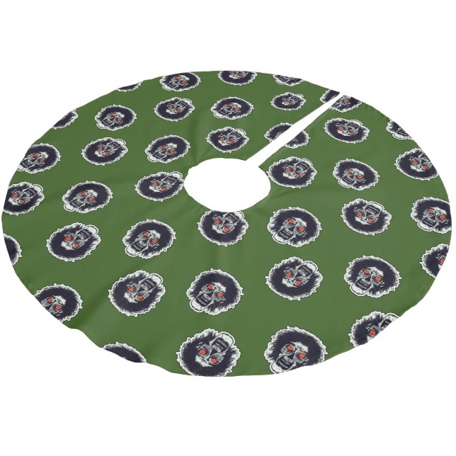 Zombie-Gesicht auf Grün Polyester Weihnachtsbaumdecke (Schrägansicht)