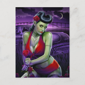 Zombie Girl Liebe mit Rose Vintage Auto Postkarte