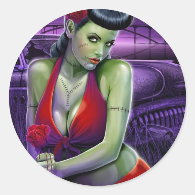 Zombie Girl Liebe mit Rose Vintage Auto Runder Aufkleber (Vorderseite)