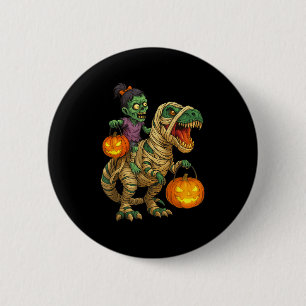 Zombie Girl Riding Mummy T Rex Halloween Kids Tric Button